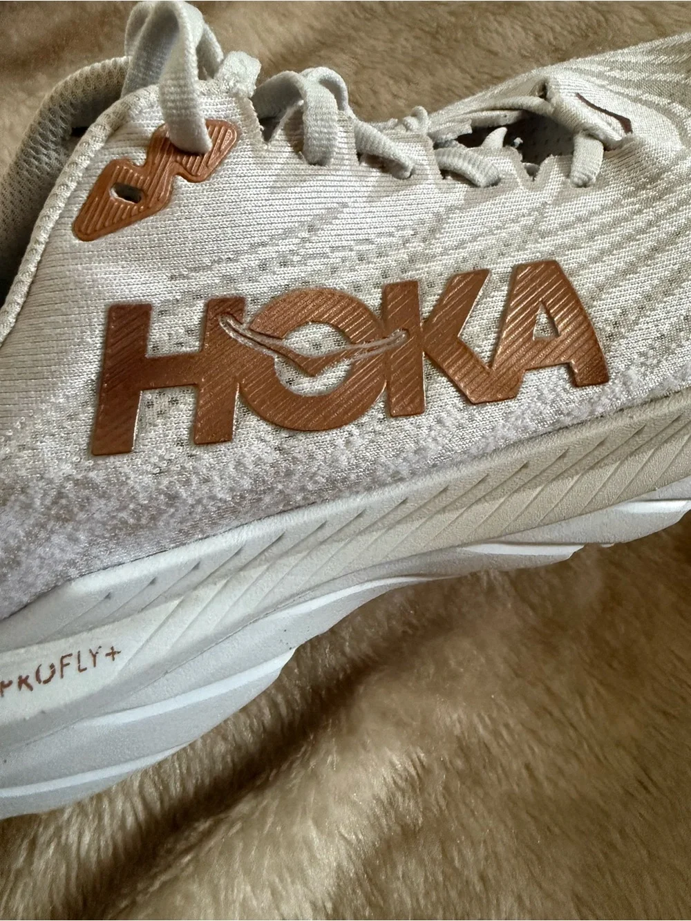 Hoka Mach 5 White Athletic Running Shoe with Rose Gold Logo